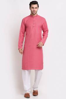 Men Pink Cotton Check Straight Kurta