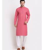 Men Pink Cotton Check Straight Kurta