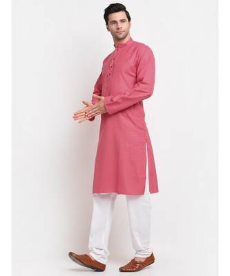 Men Pink Cotton Check Straight Kurta 2