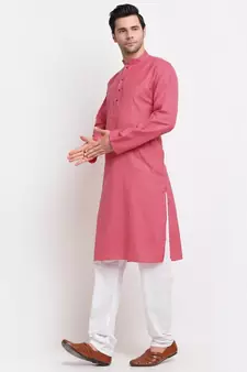 Men Pink Cotton Check Straight Kurta