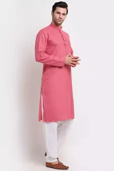 Men Pink Cotton Check Straight Kurta