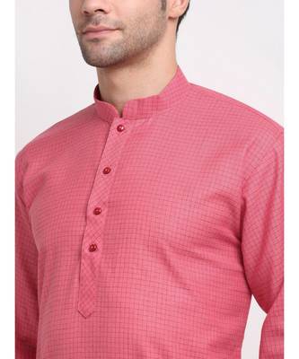 Men Pink Cotton Check Straight Kurta 4