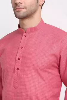 Men Pink Cotton Check Straight Kurta