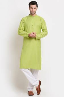 Men Green Cotton Check Straight Kurta