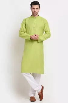Men Green Cotton Check Straight Kurta
