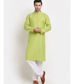 Men Green Cotton Check Straight Kurta