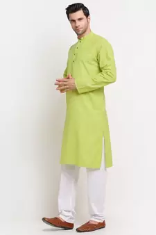Men Green Cotton Check Straight Kurta
