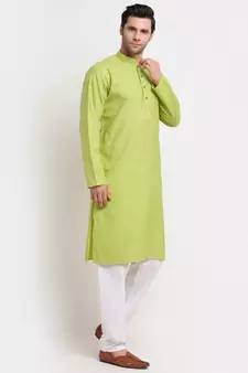 Men Green Cotton Check Straight Kurta