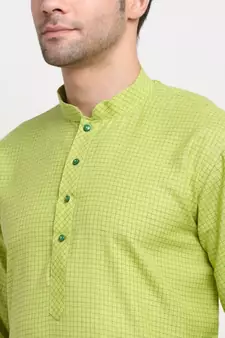 Men Green Cotton Check Straight Kurta