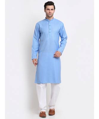 Men Blue Cotton Check Straight Kurta 1