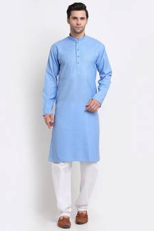 Men Blue Cotton Check Straight Kurta