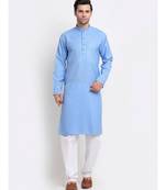 Men Blue Cotton Check Straight Kurta