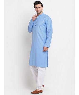 Men Blue Cotton Check Straight Kurta 2