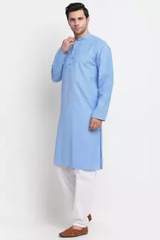 Men Blue Cotton Check Straight Kurta
