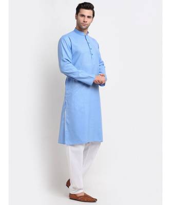 Men Blue Cotton Check Straight Kurta 3