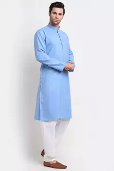 Men Blue Cotton Check Straight Kurta