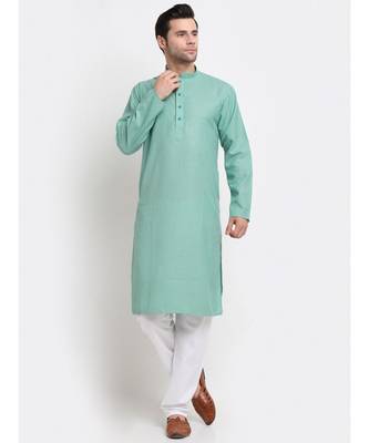 Men Sea Green Cotton Check Straight Kurta 1