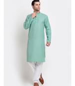 Men Sea Green Cotton Check Straight Kurta