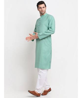Men Sea Green Cotton Check Straight Kurta 2