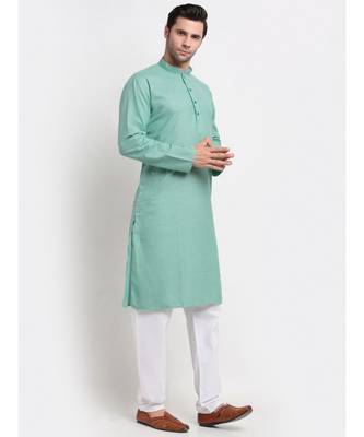 Men Sea Green Cotton Check Straight Kurta 3