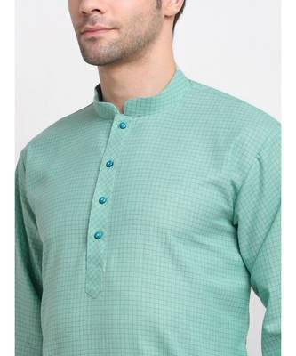 Men Sea Green Cotton Check Straight Kurta 4