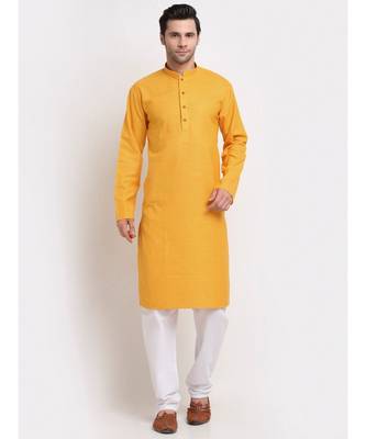 Men yellow Cotton Check Straight Kurta 1