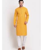 Men yellow Cotton Check Straight Kurta