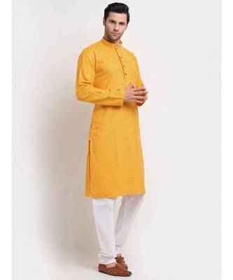 Men yellow Cotton Check Straight Kurta 3