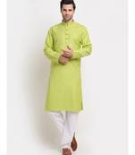 Men Green Cotton Striped Straight Kurta