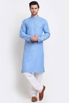 Men Blue Cotton Striped Straight Kurta
