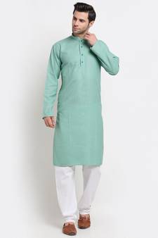 Men Sea Green Cotton Striped Straight Kurta