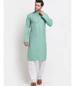 Men Sea Green Cotton Striped Straight Kurta