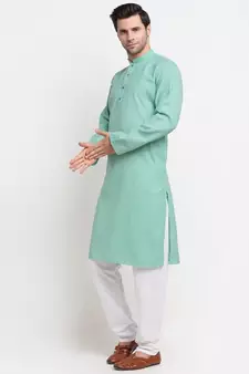 Men Sea Green Cotton Striped Straight Kurta