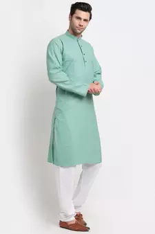 Men Sea Green Cotton Striped Straight Kurta