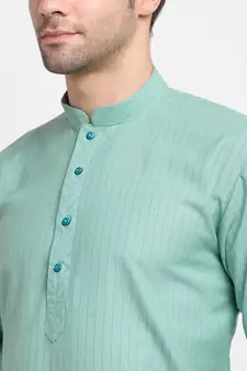 Men Sea Green Cotton Striped Straight Kurta
