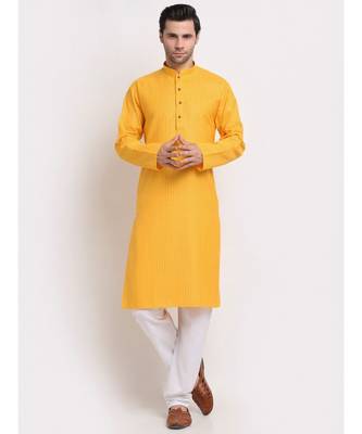 Men yellow Cotton Striped Straight Kurta 1
