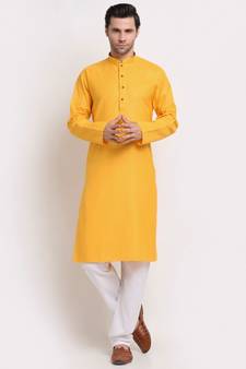 Men yellow Cotton Striped Straight Kurta