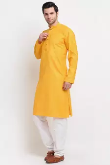 Men yellow Cotton Striped Straight Kurta