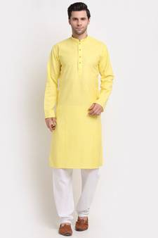Men Yellow Cotton Striped Straight Kurta