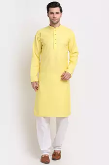 Men Yellow Cotton Striped Straight Kurta