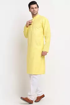 Men Yellow Cotton Striped Straight Kurta