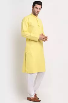 Men Yellow Cotton Striped Straight Kurta