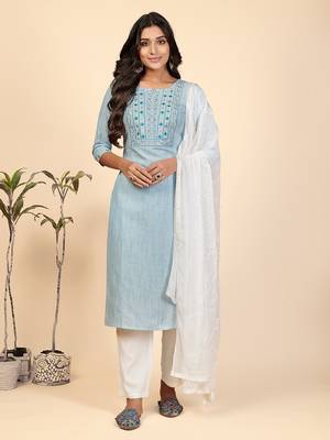 Embroidered & Mirror Work Straight Cotton Sky Blue Stitched Kurta Pant With Dupatta 1