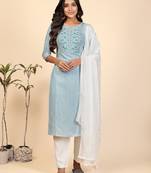 Embroidered & Mirror Work Straight Cotton Sky Blue Stitched Kurta Pant With Dupatta