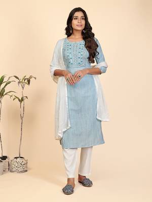 Embroidered & Mirror Work Straight Cotton Sky Blue Stitched Kurta Pant With Dupatta 2