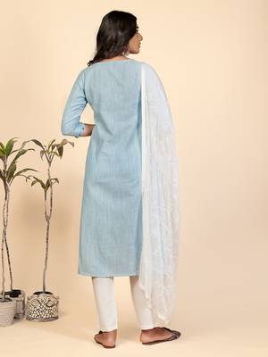 Embroidered & Mirror Work Straight Cotton Sky Blue Stitched Kurta Pant With Dupatta 3