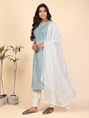 Embroidered & Mirror Work Straight Cotton Sky Blue Stitched Kurta Pant With Dupatta 4