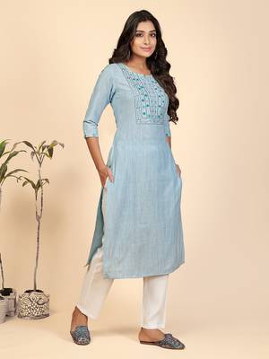 Embroidered & Mirror Work Straight Cotton Sky Blue Stitched Kurta Pant With Dupatta 5