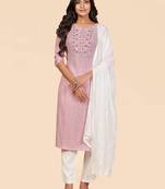 Embroidered & Mirror Work Straight Cotton Pink Stitched Kurta Pant With Dupatta