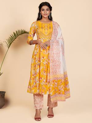 Embroidered & Sequience Work Anarkali Cotton Yellow Stitched Kurta Pant With Dupatta 1